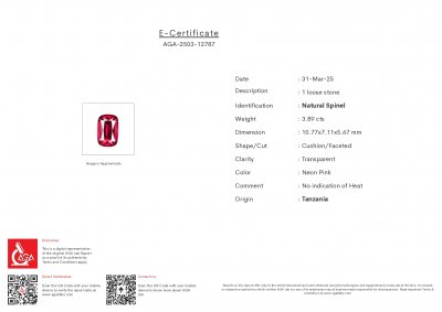 Certificate Espinela Mahenge de color rosa intenso y rojo con corte cojín de 3,89 carats,de Tanzania