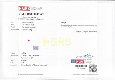 Certificate Unerhitzter roter rubin im kissenschliff 0,50 carats, Burma (Mogok)