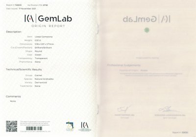 Certificate Ural demantoid 0.92 ct