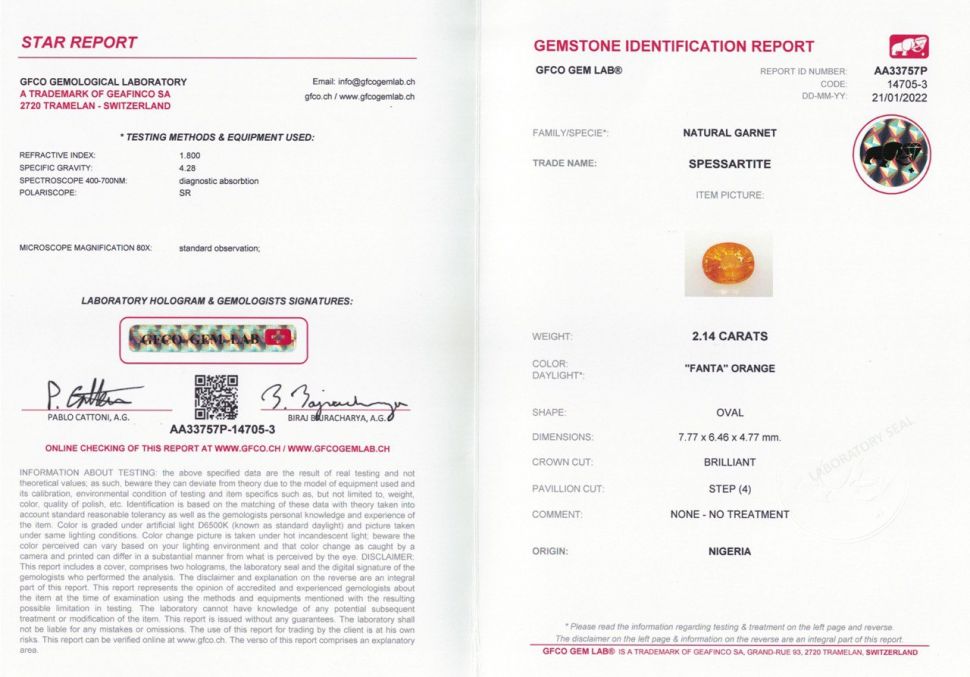 Certificate Spessartine Fanta color oval cut 2.14 ct, Nigeria, GFCO