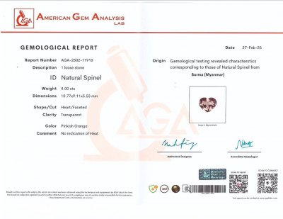 Certificate Pink orange spinel heart shape 4.00 carats, Burma