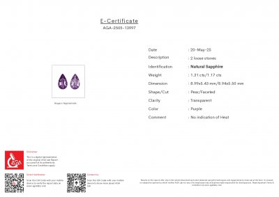 Certificate Paar ungeheizte violette saphire im birnenschliff 2,48 karat, Madagaskar