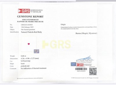 Certificate Unerhitzter herzschliff rubin 0,60 carats, Burma (Mogok) 