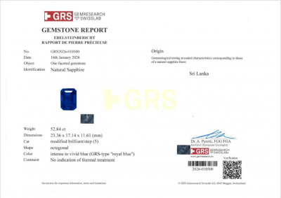 Certificate Unbehandelter, achteckig  königsblauer saphir von 52,84 karat, Sri Lanka
