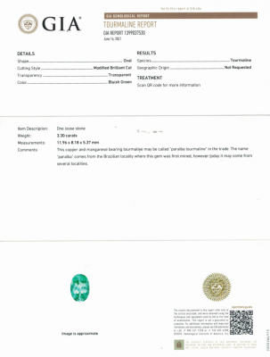 Certificate Bluish green Paraiba tourmaline, oval cut, 3.30 ct, GIA