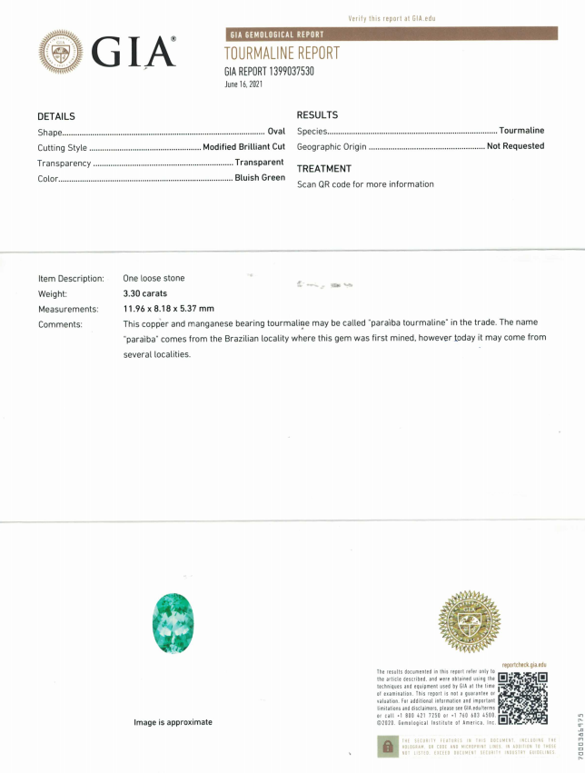 Certificate Bluish green Paraiba tourmaline, oval cut, 3.30 ct, GIA