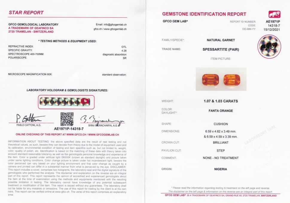 Certificate Pair of Cushion-cut Fanta Spessartines 2.10 ct, Nigeria