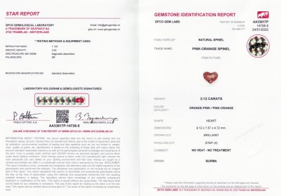 Certificate Burmese orangey red heart cut spinel 2.12 ct, GFCO