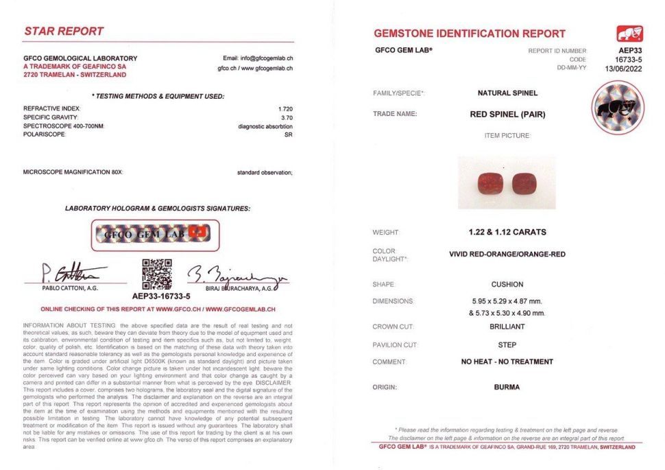 Certificate Pair of red cushion-cut spinels 2.34 ct, Burma