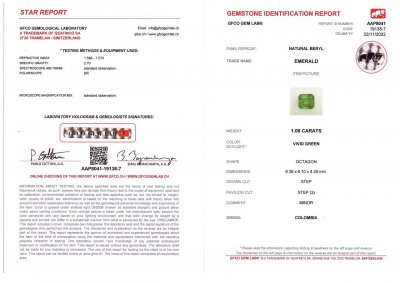Certificate Colombian Emerald Vivid Green 1.08 ct
