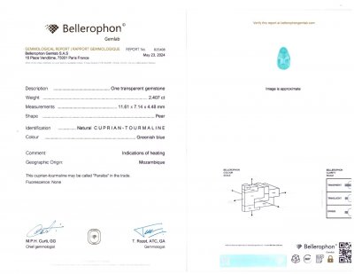 Certificate Neon Paraiba pear cut 2.40 carats, Mozambique
