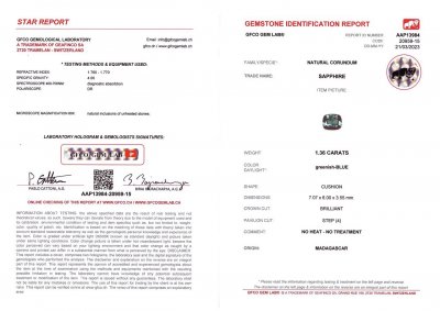 Certificate Unheated teal cushion cut sapphire 1.36 ct, Madagascar