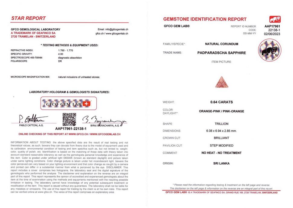 Certificate Unheated Padparadscha sapphire cut trillion 0.64 carats, Sri Lanka