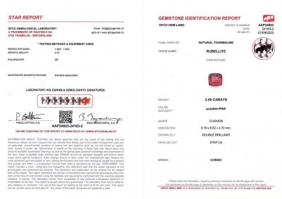 Certificate Rubellite taille coussin 2,59 carats, Afrique