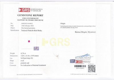 Certificate Unheated ruby oval cut 0.74 carats, Burma (Mogok)