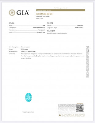 Certificate Neon Paraiba tourmaline greenish blue oval cut 9.91 carats, Mozambique