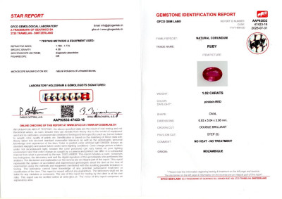 Certificate Unheated ruby oval cut 1,02 carats, Mozambique