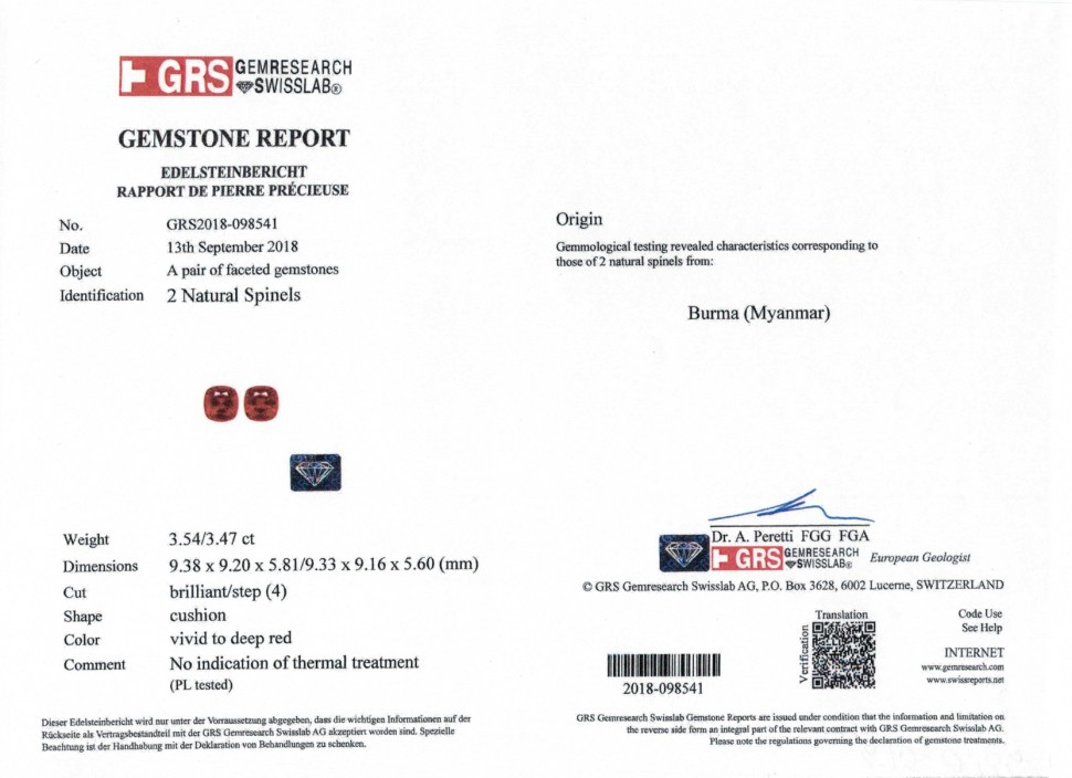 Certificate Vivid red pair of Burmese spinels 7.01 ct, GRS