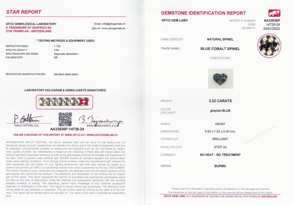 Certificate Heart cut bluish gray spinel 2.22 ct, Burma