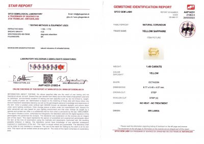 Certificate Octagon unheated yellow sapphire 1.49 ct, Sri Lanka