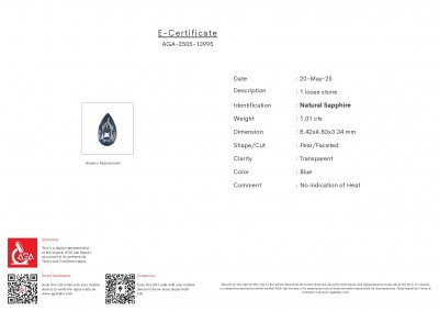 Certificate Unheated blue sapphire pear cut 1.01 carats, Madagascar