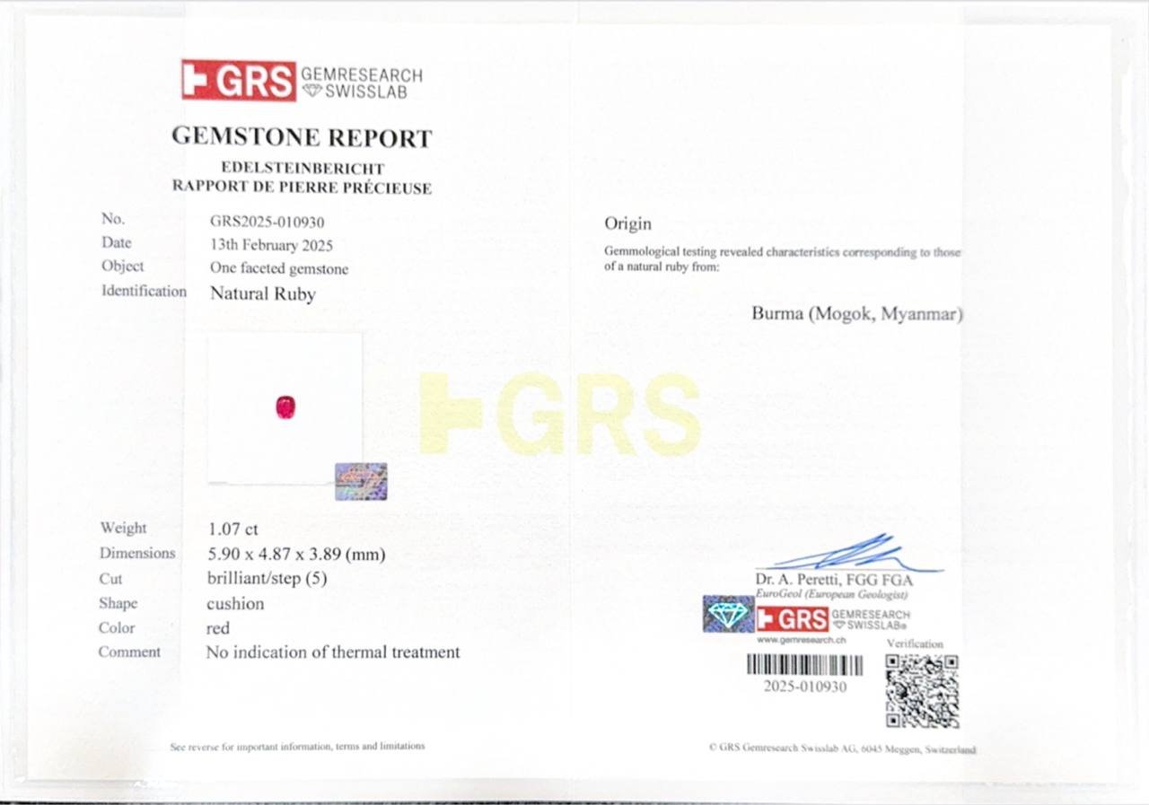 Unheated red ruby cushion cut 1.07carats, Burma (Mogok) Image №6