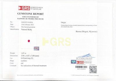 Certificate Unheated red ruby cushion cut 1.07carats, Burma (Mogok)