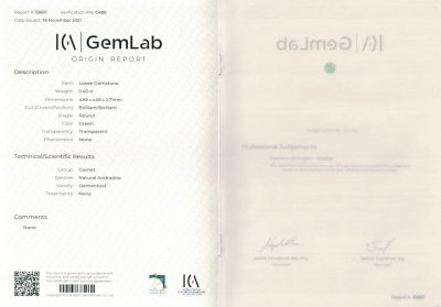 Certificate The Ural demantoid 0.40 ct