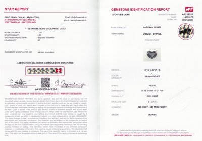 Certificate Burmese Violet Gray Heart Cut Spinel 3.10 ct, GFCO