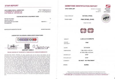 Certificate Pair of greyish pink octagon cut spinels 4.42 ct, Burma