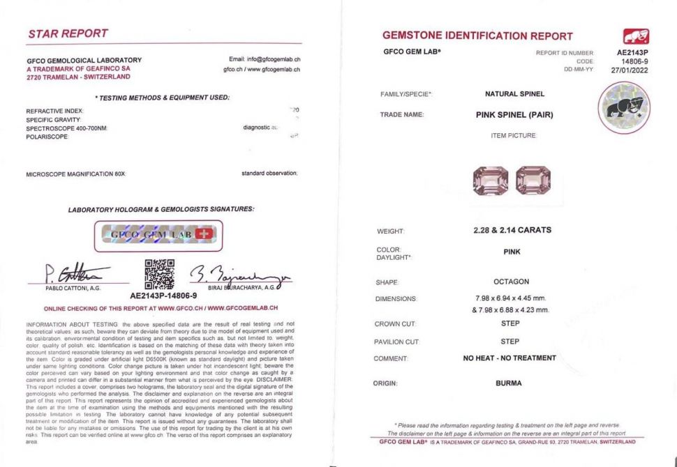Certificate Pair of greyish pink octagon-cut spinels 4.42 ct, Burma