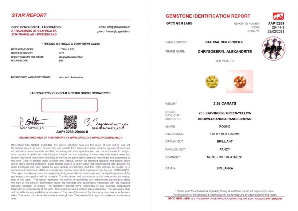 Certificate Greenish gold chrysoberyl with alexandrite effect 2.26 ct
