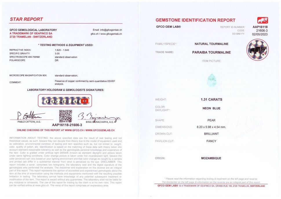 Certificate Pear cut blue tourmaline Paraiba 1.31 ct, Mozambique