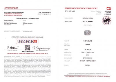 Certificate Violetter burmesischer Spinell im Strahlenschliff von 4,13 Karat