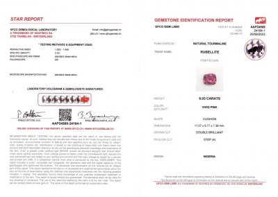 Certificate Rubellite rose intense 6,03 carats, Nigéria