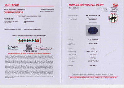 Certificate Lot #2. Royal Blue sapphire in oval cut  5.10 carats, Sri Lanka
