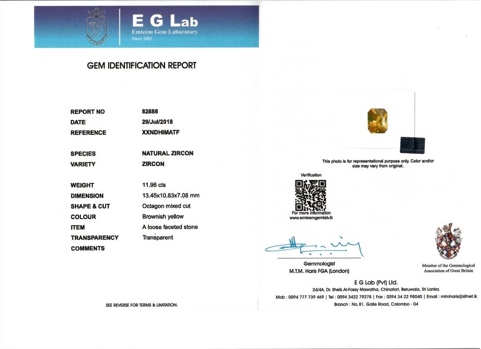 Certificate Unheated yellow zircon, 11.43 ct radiant cut