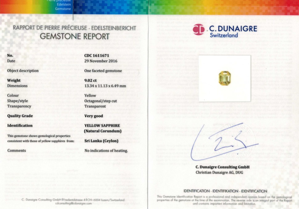 Certificate Unheated yellow sapphire 9.02 ct, Sri Lanka