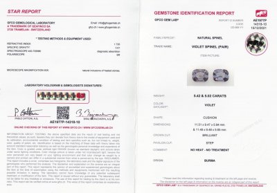 Certificate Pair of purple-grey cushion cut spinels 10.43 ct, Burma, GRS