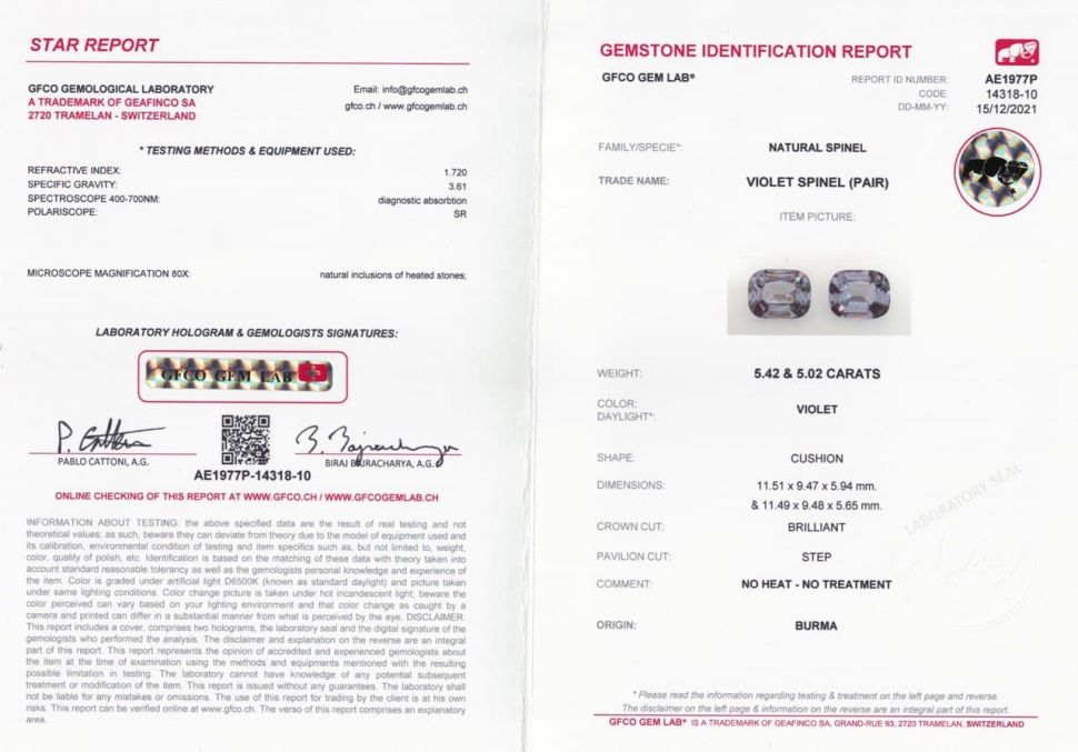 Certificate Pair of purple-grey cushion-cut spinels 10.43 ct, Burma, GRS