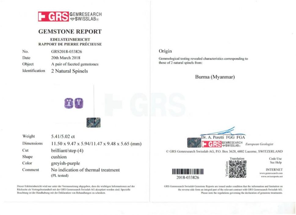 Certificate Pair of purple-grey cushion-cut spinels 10.43 ct, Burma, GRS