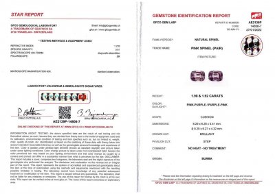 Certificate Pair of greyish purple cushion cut spinels 3.90 ct, Burma