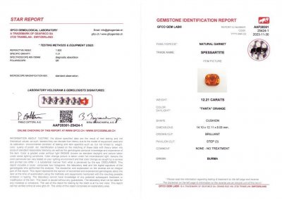 Certificate Spessartine taille coussin orange vif 12,21 carats, Burma