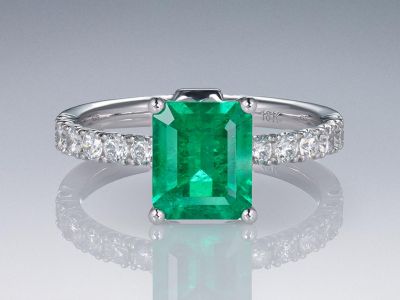 Ring with colombian Muzo Green emerald 1.46 ct and diamonds in 18K white gold photo
