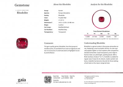 Certificate Grenat rhodolite taille coussin 17,16 carats, Tanzanie