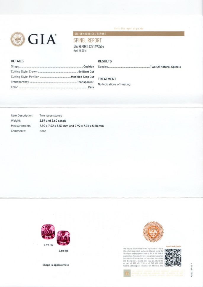 Certificate Pair of pink spinels from Tajikistan 5.19 ct, GIA
