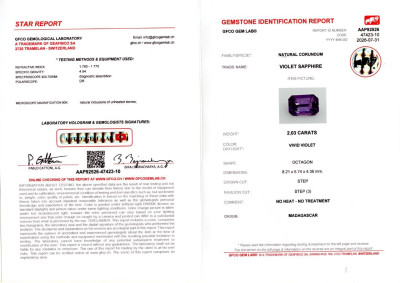 Certificate Unheated sapphire vivid-violet octagon cut 2.03 carats, Madagascar