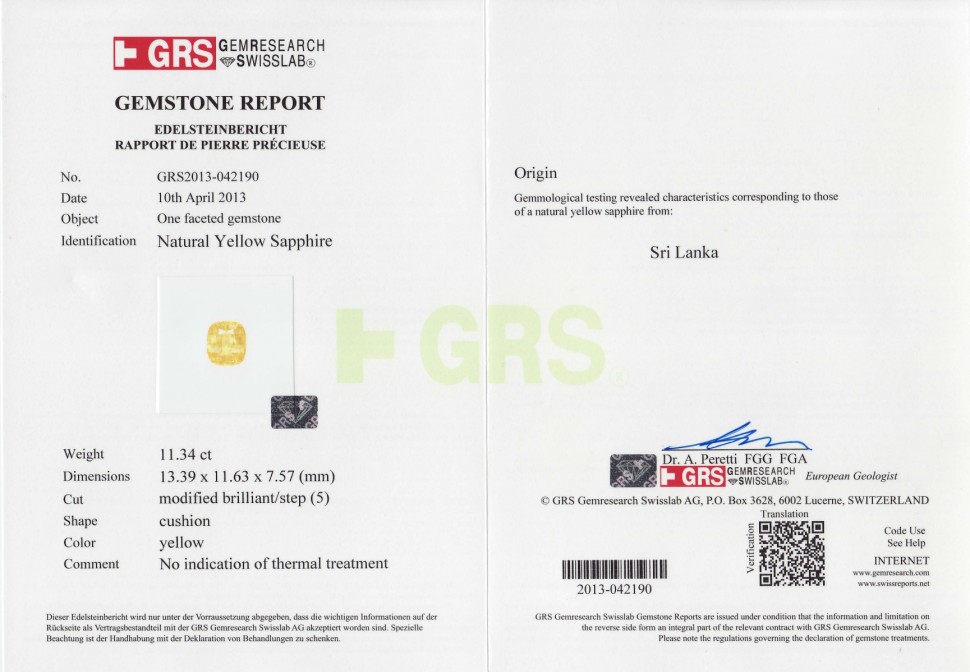 Certificate Unheated yellow sapphire 11.34 ct, Sri Lanka, GRS
