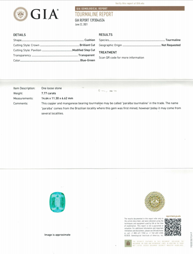 Certificate Bright neon blue Paraiba tourmaline 7.77 ct, GIA