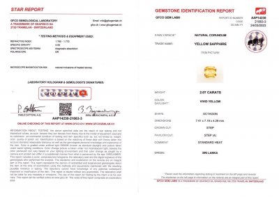Certificate Golden sapphire in octagon cut 2.07 ct, Sri Lanka